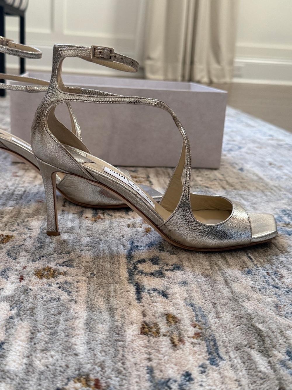 Jimmy Choo Azia Champagne Glitter Leather Sandals - Picture 3 of 10
